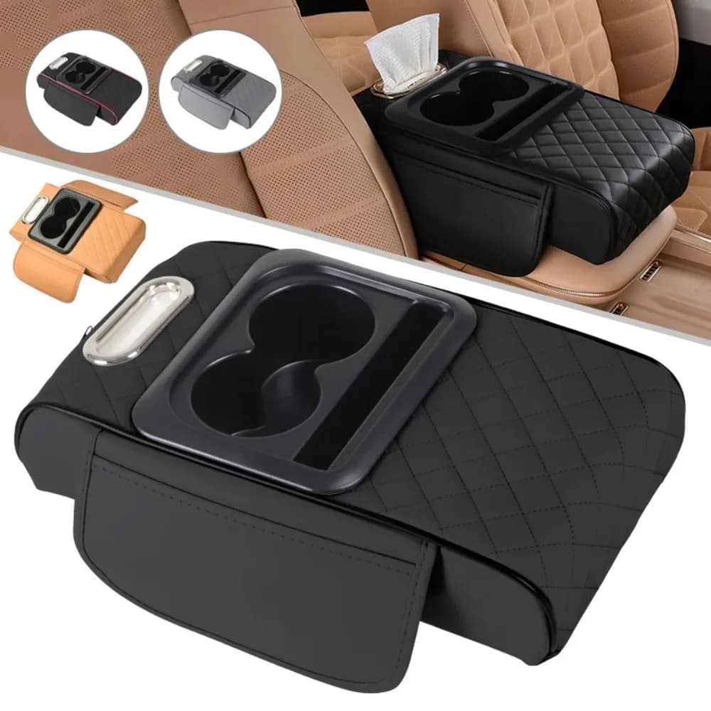 Auto Center Console Armrest Cushion With 2 Cup Holder PU Leather Armrest Pad Portable Car Amrest Pillow Cover Height Pad