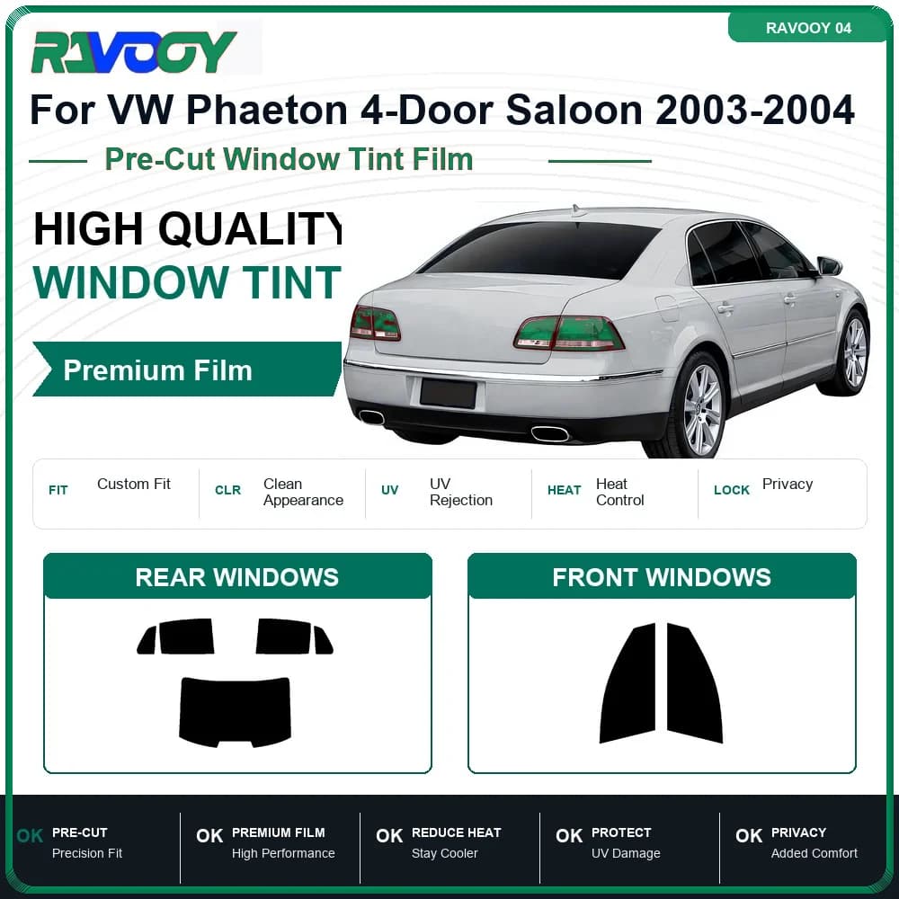 RAVOOY Precut Window Tint, Reusable Removable EPU Film, Custom Fit for Vw Phaeton 2004-2006, UV Heat Protection