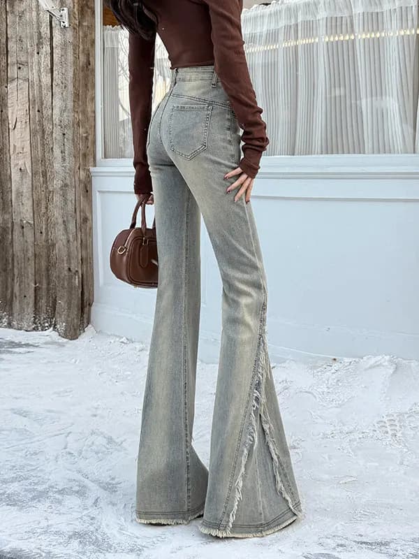 Jeans a Vita Alta con Micro Flare per Donna, Design Snellente, Asimmetrici con Bordi Sfrangiati, in Denim Elasticizzato di Cotone Chiaro, Ideali per la Primavera