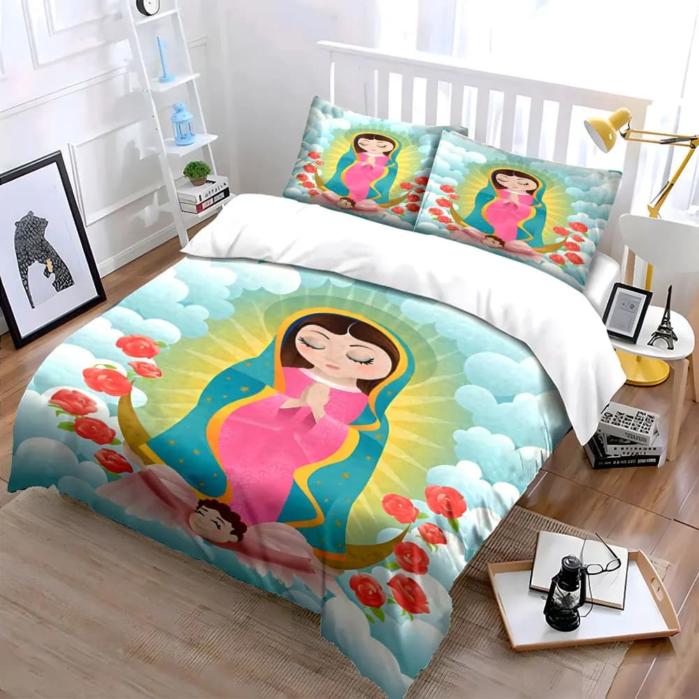 Set di Biancheria da Letto Madonna di Guadalupe, Copripiumino e Federe con Stampa della Vergine Maria in Stile Cartone Animato, Lenzuola Religiose per Camera dei Bambini