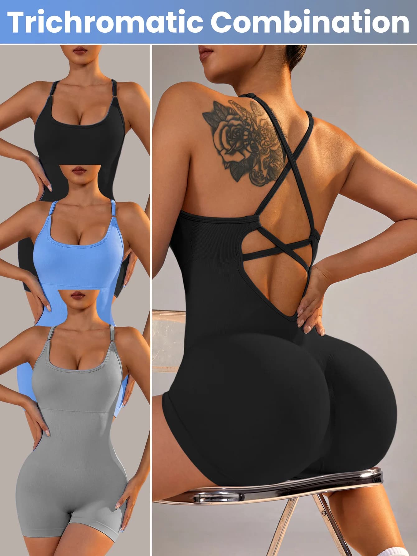 Tuta fitness sexy da donna Tuta sportiva regolabile incrociata da corsa Tuta da yoga in un pezzo Pantaloncini scrunch Set senza schienale Pagliaccetto