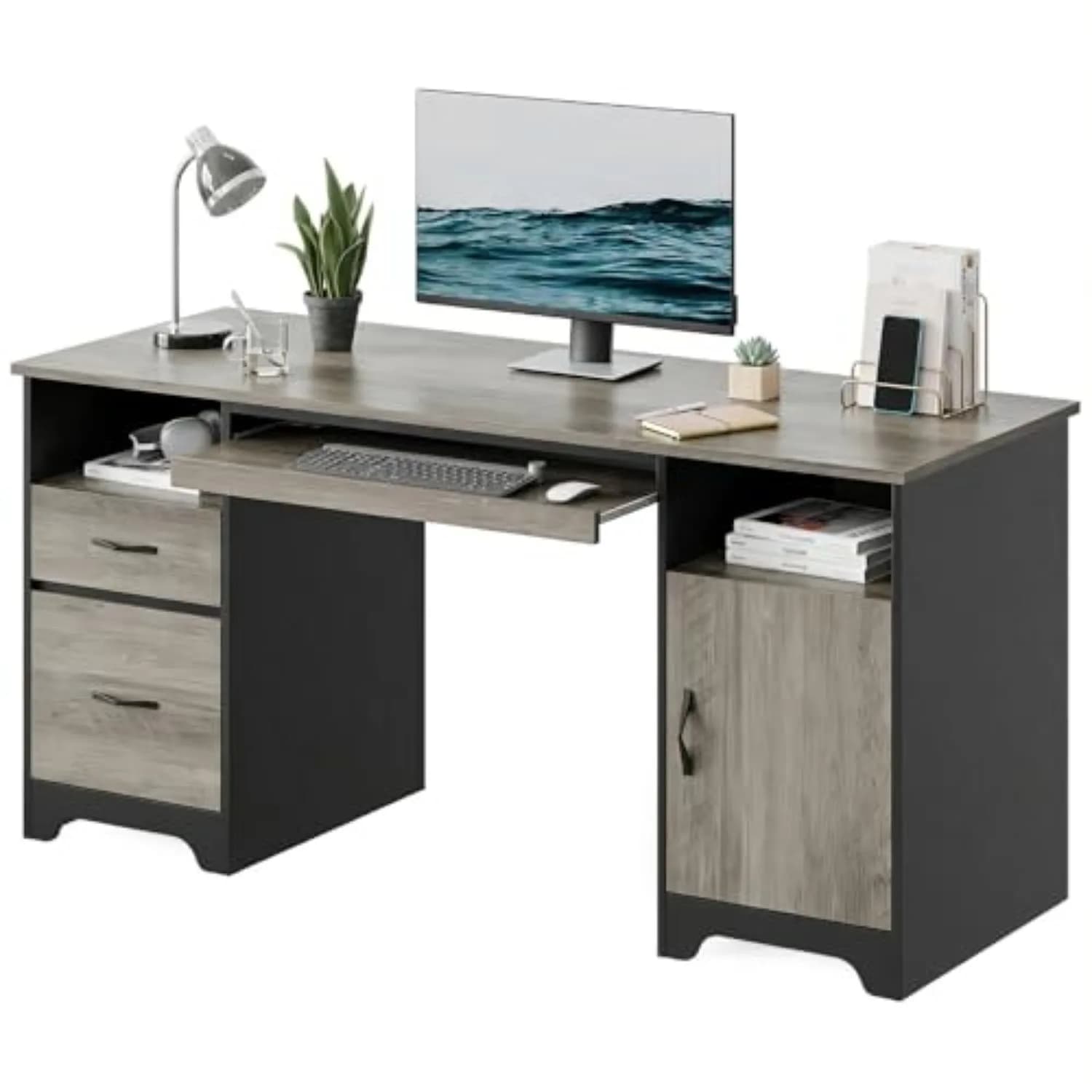 59" Executive Desk, File Drawer, Keyboard Tray & 2 Drawers, Gray | File Drawer For Letter/A4/Legal Folders, 2 Storage