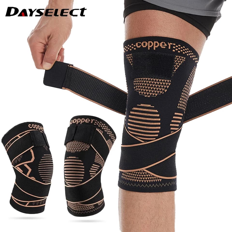 1 pz supporto per ginocchio nylon lavorato a maglia rame ioni X-tipo stabile compressione rotula con cinghie tensione legale ginocchiere uomo donna