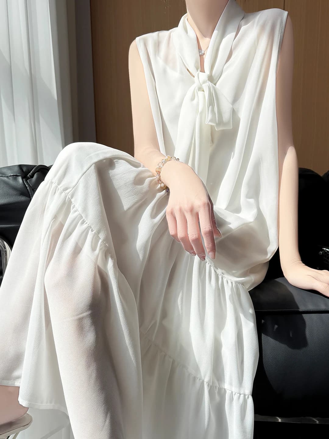 Elegant White Knot Belted Sleeveless Long Dress Women's Gossamer Chiffon A-Line Skirt Breathable Spring Fashion