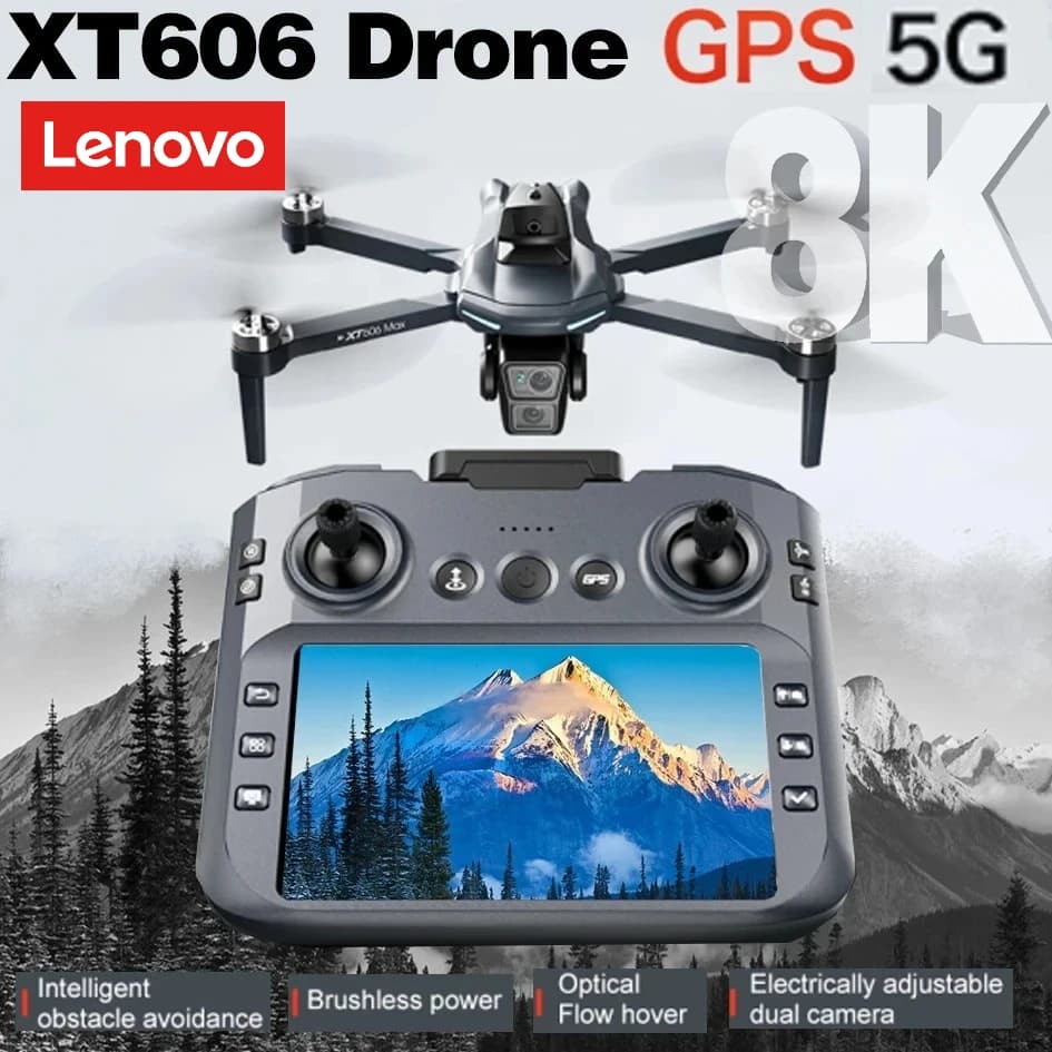 Drone Professionale Lenovo XT606 con Fotocamera 8K HD, GPS 5G, WIFI FPV, Schermo da 4,5 Pollici, Motore Brushless, Giocattolo RC con Funzione di Evitamento Ostacoli