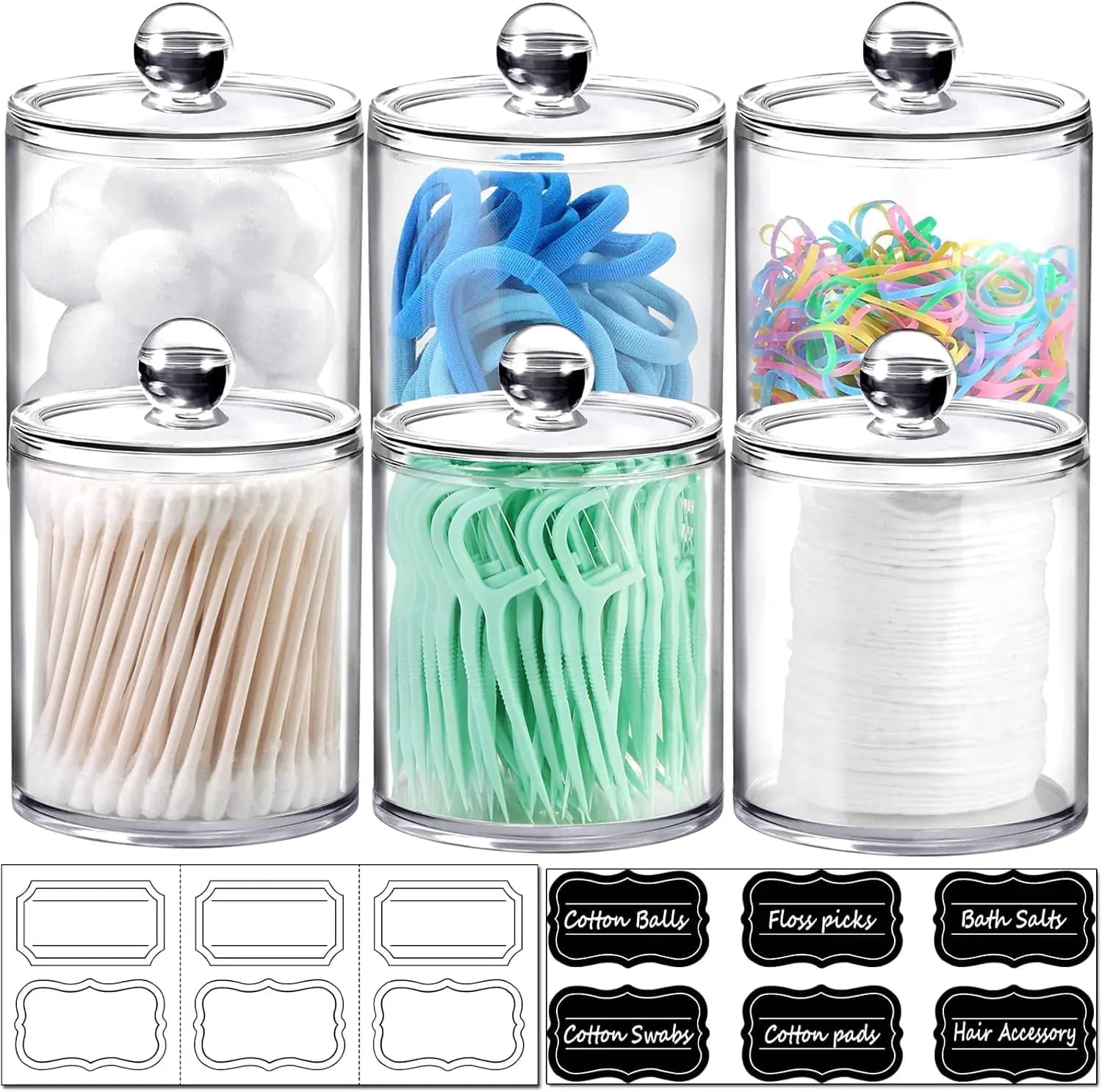 6-Pack Clear Acrylic Apothecary Jars with Labels - 3x10oz & 3x12oz Qtip Holder Set for Bathroom Vanity Organizer