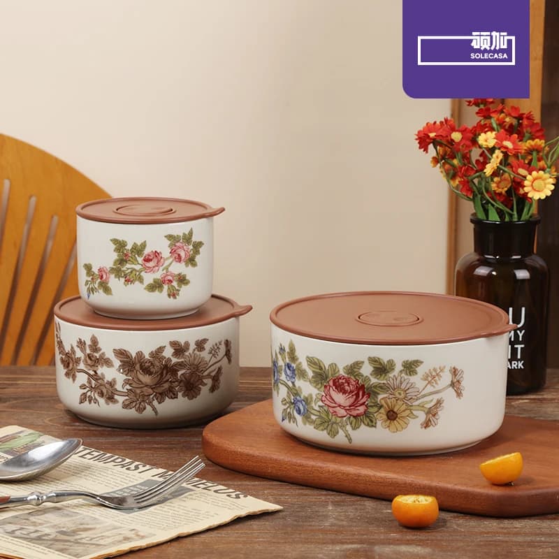 SOLECASA Elegant ceramic lunch holder with pink pattern, Bento container for job losses, picnic and fresh food preservation