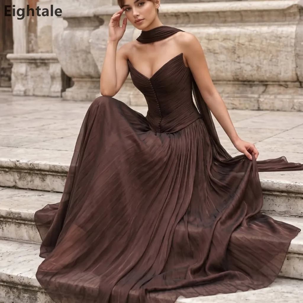 Eightale 2026 Brown Pleated Shimmer Chiffon Prom Dress Wrap Scarf V Neck Corset Evening Gown A Line Formal Dress Customized