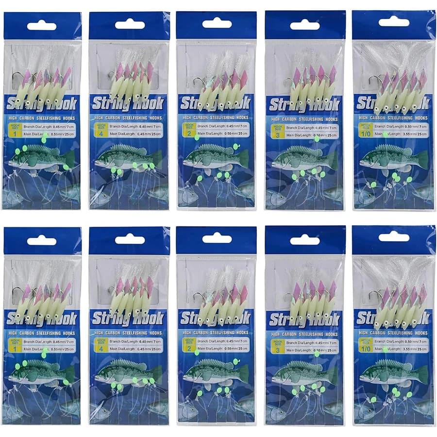10Pack Esche da pesca in acqua salata Impianti di esca 5 ganci Sabiki Rigs Vera pelle di pesce Gancio per corda Sgombro Glow in The Dark Flash Rigs