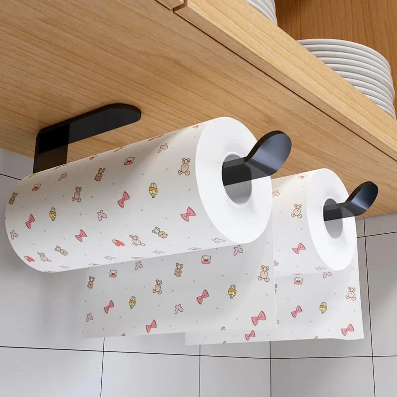 Space Saving Self Adhesive Wall Mounted Tissue Holder Kitchen Storage Organizer Dual Purpose Toilet Paper Hand Towels No Drill