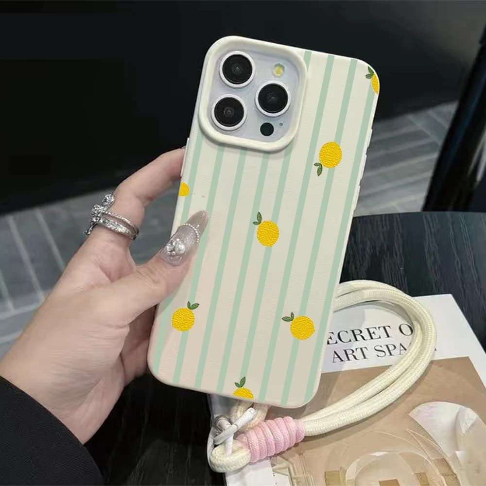 Striped Lemon Hand Wrist Strap Leather Phone Cases For iPhone 17 13 11 12 Pro Max Plus 15 14 16 XR XS 17 Air With Lanyard Cover