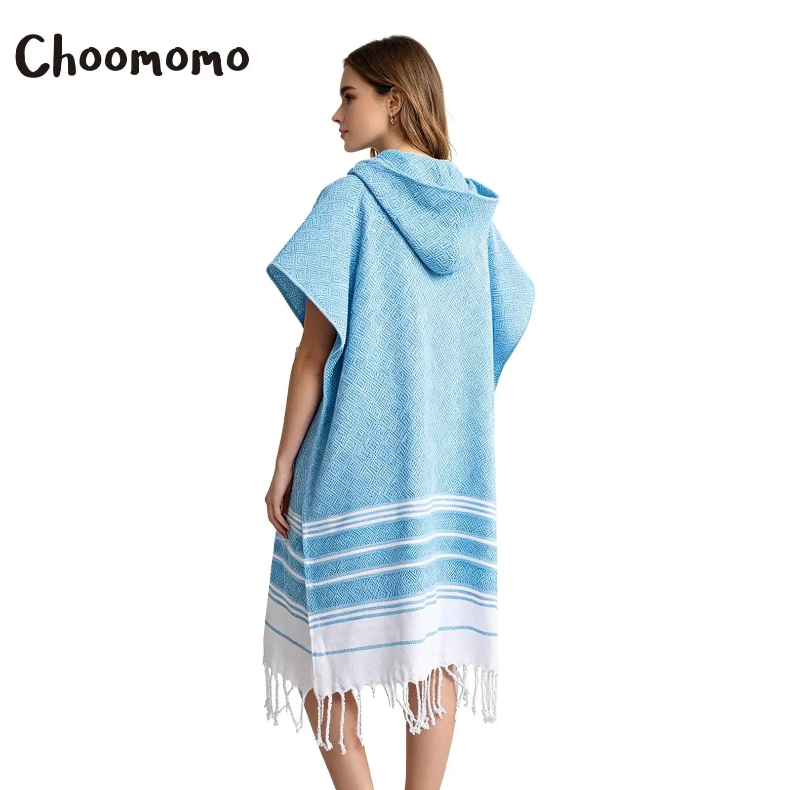 Men Women Print Hooded Towel Cloak Beach Changing Robe Cover Up Bathrobe Tassel Cape with Pocket for Vacation