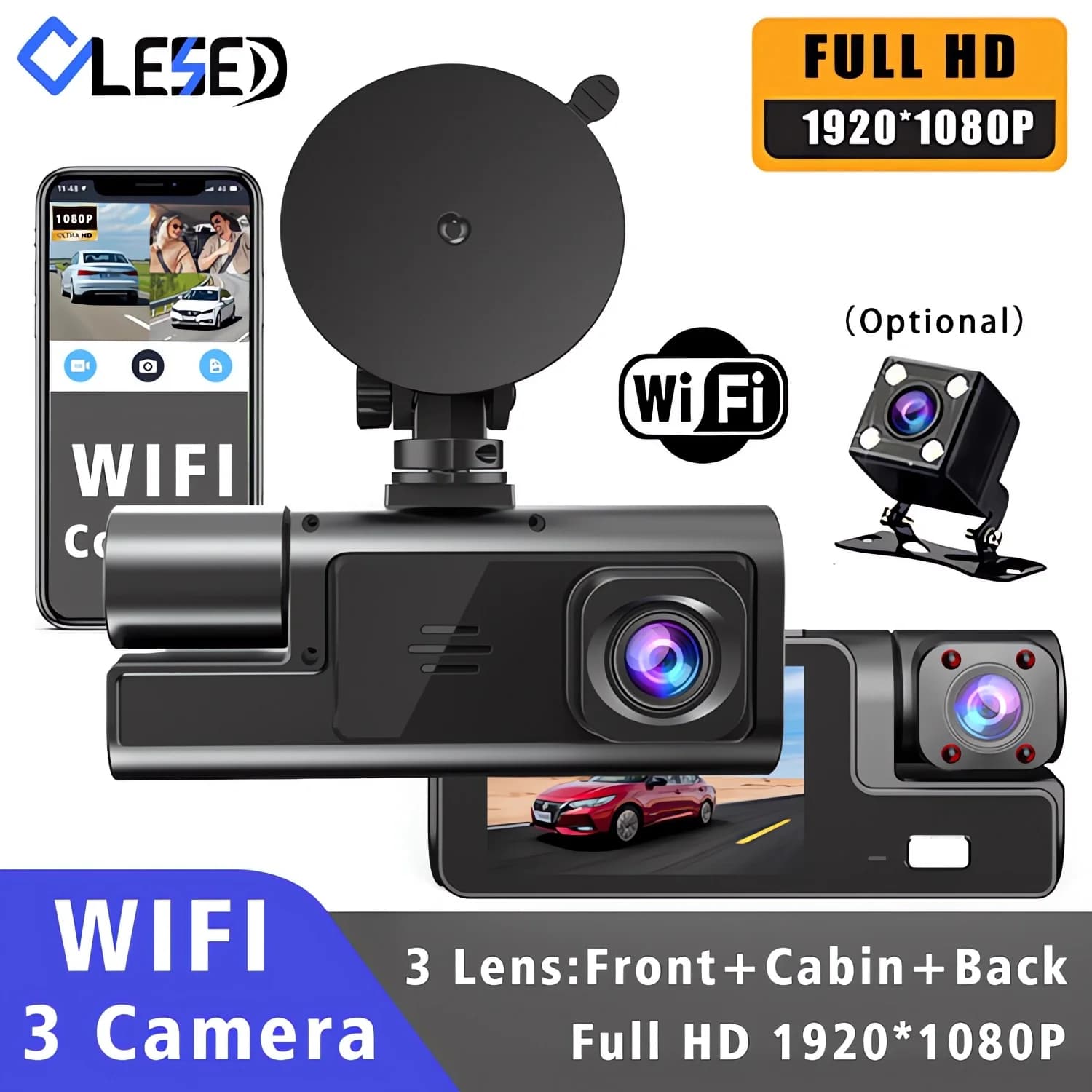 Dash Cam WiFi per auto 3 telecamere FHD 1080P Videoregistratore 3 canali Vista posteriore anteriore Visione notturna Scatola nera DVR per la sicurezza del veicolo