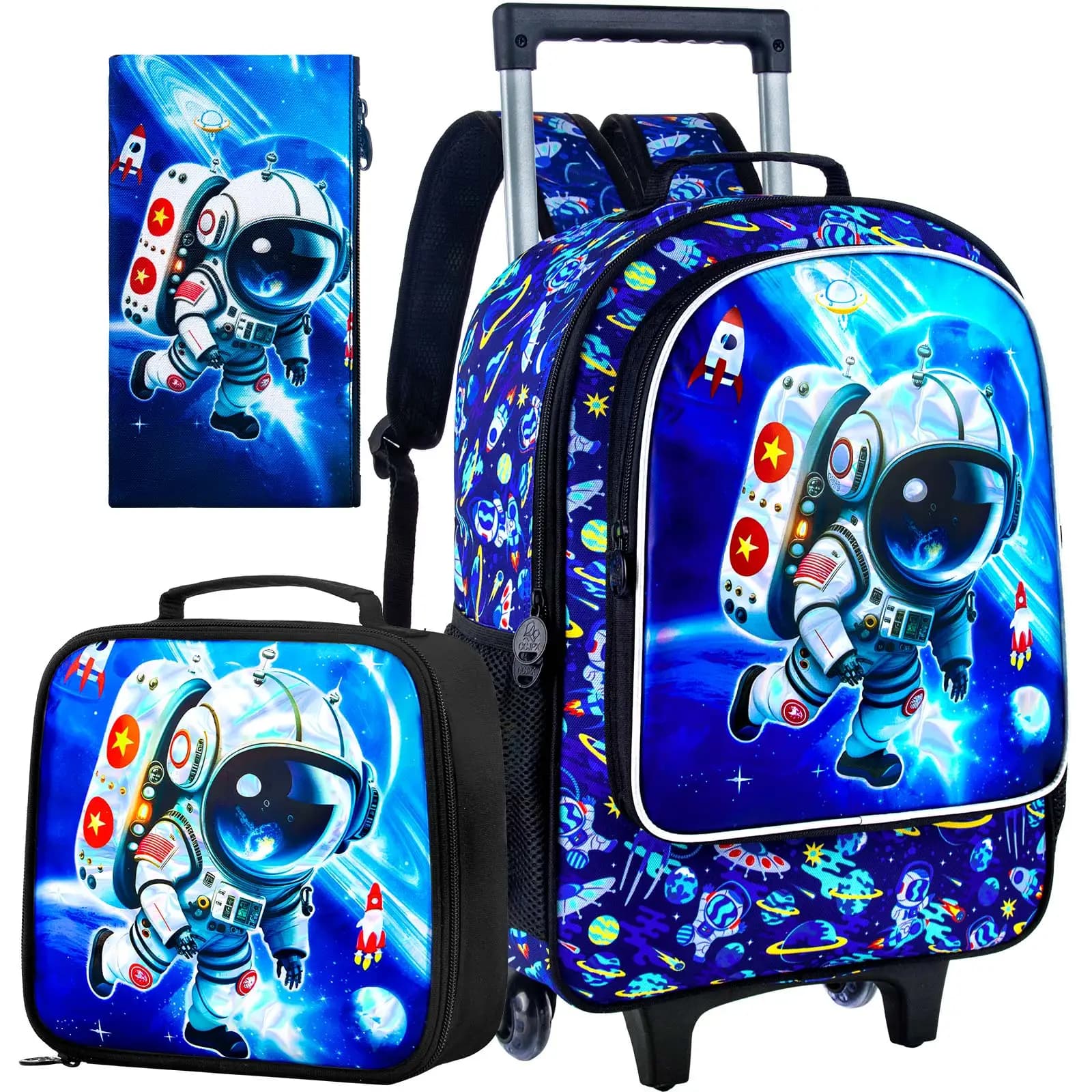 Set di 3 Zaini Trolley Astronauta per Ragazzi, Set Scolastico con Borsa Termica e Astuccio