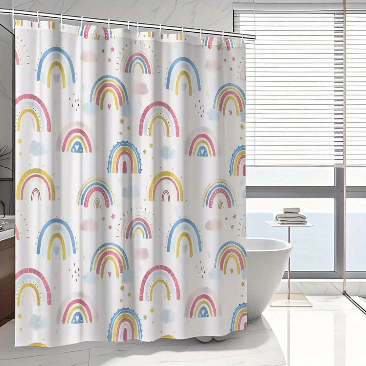 Stravagante tenda da doccia arcobaleno e stelle, design in poliestere pastello vibrante, lavabile in lavatrice, arredamento moderno per il bagno