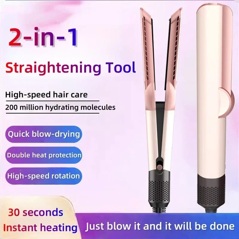 2-in-1 Hair Dryer and Flat Iron Dual Heat Negative Ion Hair Styler for Quick Drying and Straightening Travel Friendly Home Use