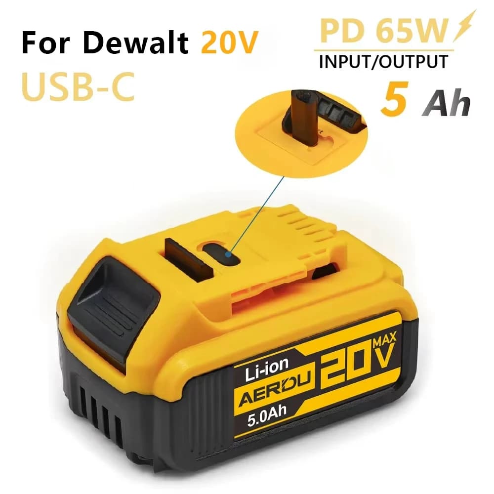 5.0Ah Type-C Battery Replacement for DeWalt 20V Max DCB205 DCB204, 5000mAh High Capacity Li-ion Battery Pack