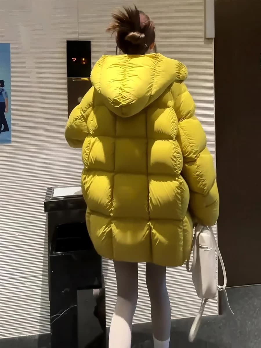Piumino Giallo da Donna, Cappotto Invernale Caldo e Resistente con Cappuccio, Stile Casual, Lunghezza Media, Imbottito in Piuma d'Anatra, Chiusura con Cerniera
