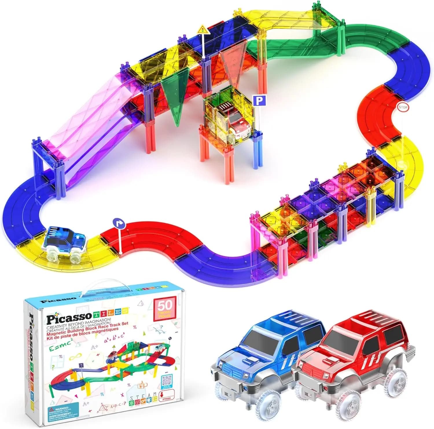 50pc Pista per auto da corsa Piastrelle magnetiche Giocattolo educativo per bambini con 2 camion luminosi STEM Apprendimento prescolare Magnete Piastrella Giocattoli per bambini B