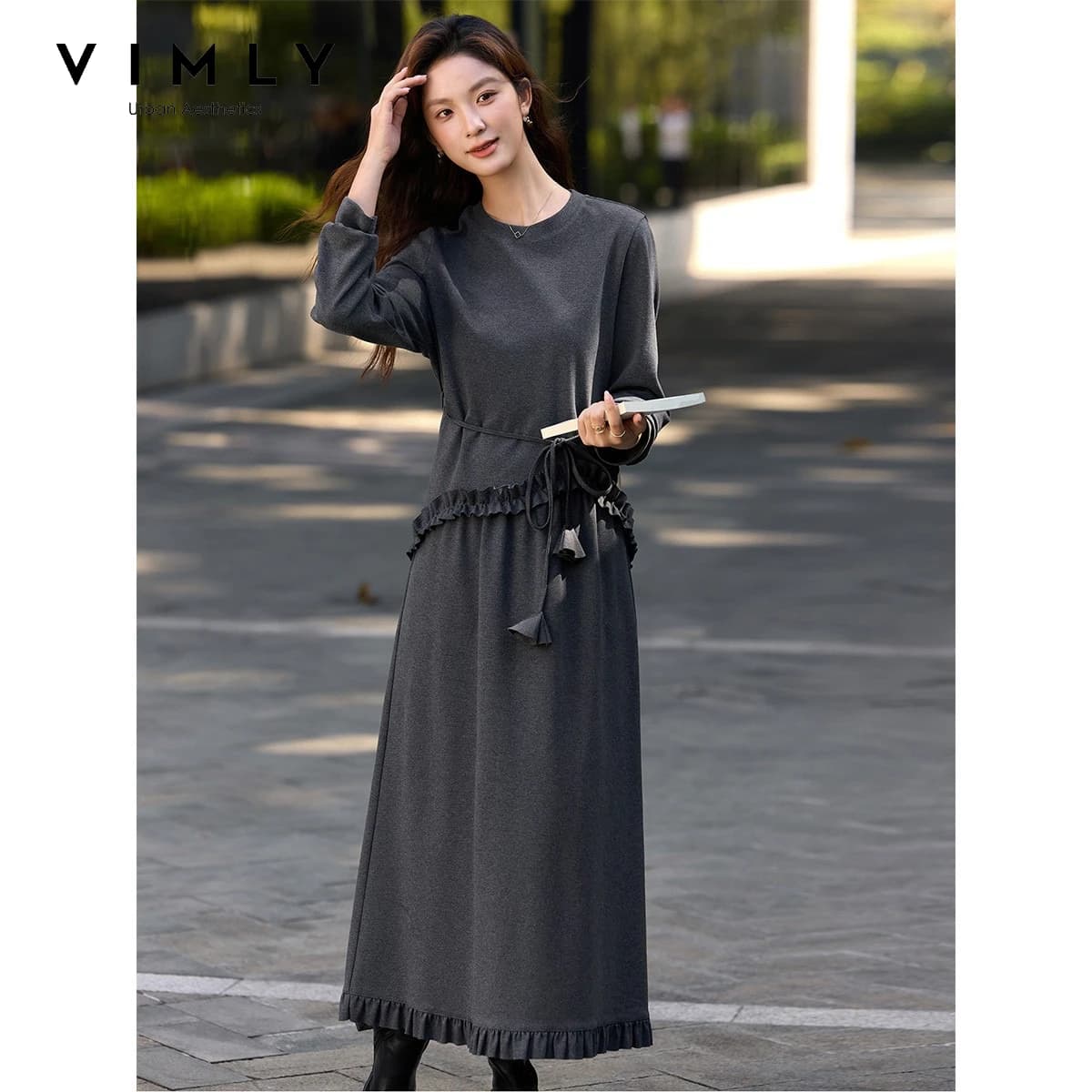 VIMLY Gray Two-piece Set Women 2026 Autumn New Ruffle Elegant Round Neck Pullover Long Skirt Office Lady Matching Outfit A3602