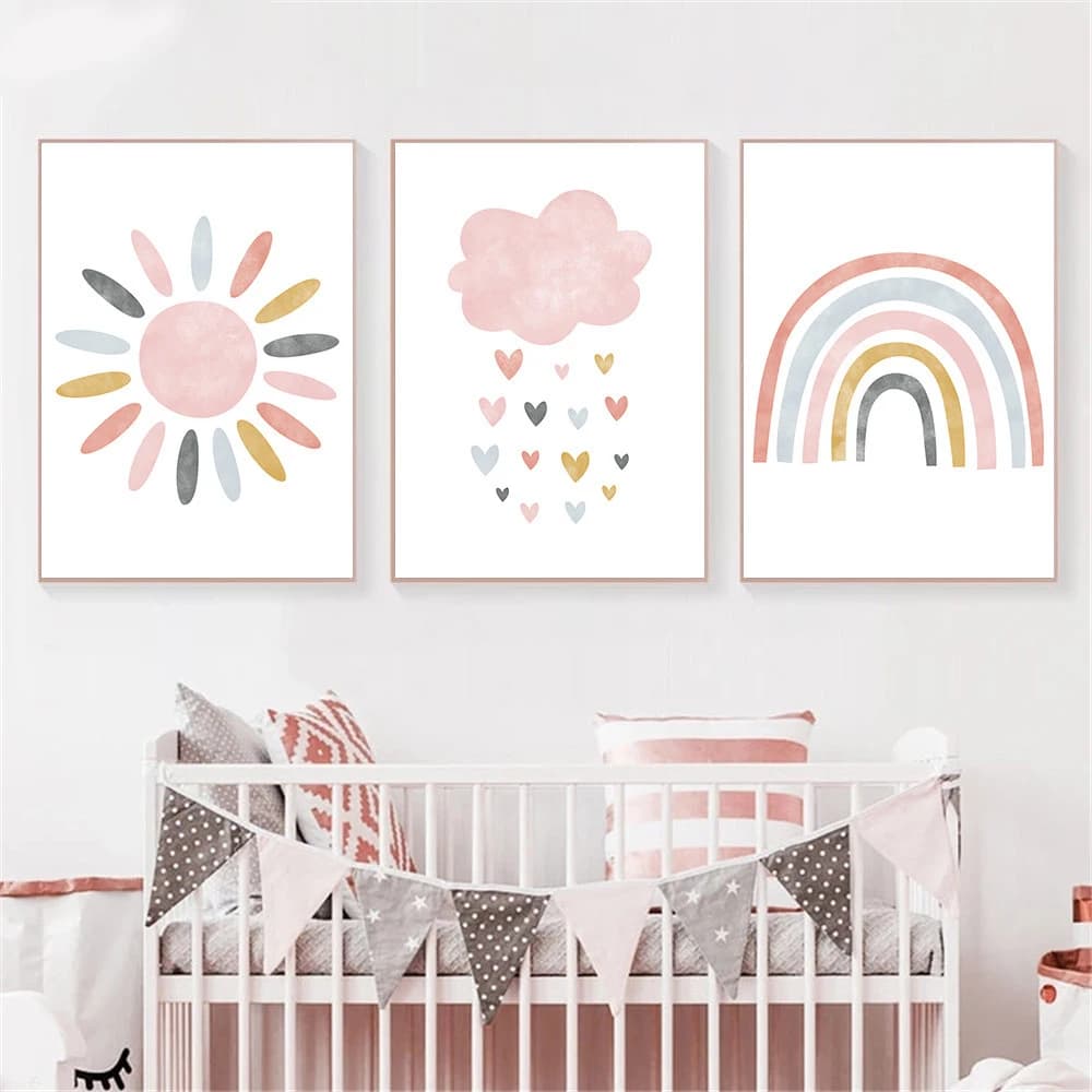 (No frame)Child Canvas Print Pink Cartoon Cloud Sun Rainbow Wall Art Painting Nursery Poster Nordic Wall Pictures For Baby Ki