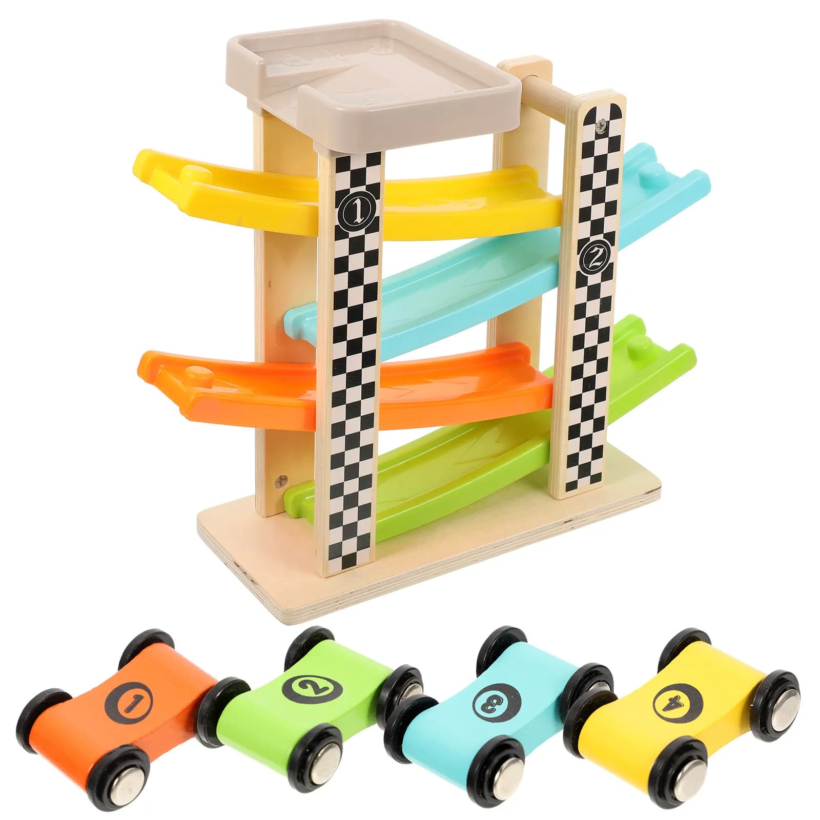Set Pista da Corsa in Legno per Bambini, Gioco Educativo con Rampa per Auto, per Bambini da 1 a 3 Anni