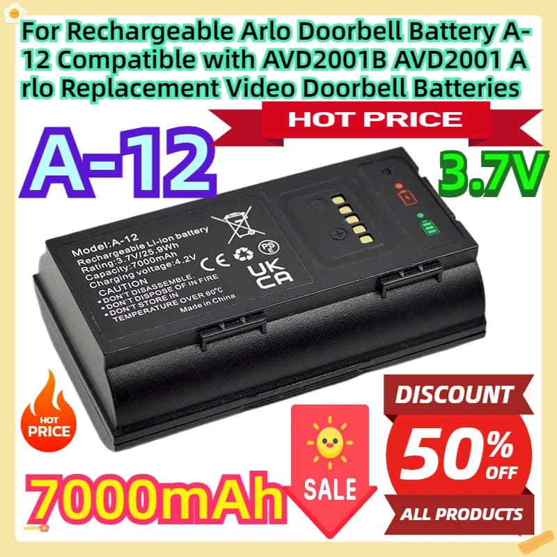Batteria Ricaricabile A-12 7000mAh per Campanello Arlo, Compatibile con AVD2001B AVD2001, Batterie Sostitutive per Videocitofono Arlo