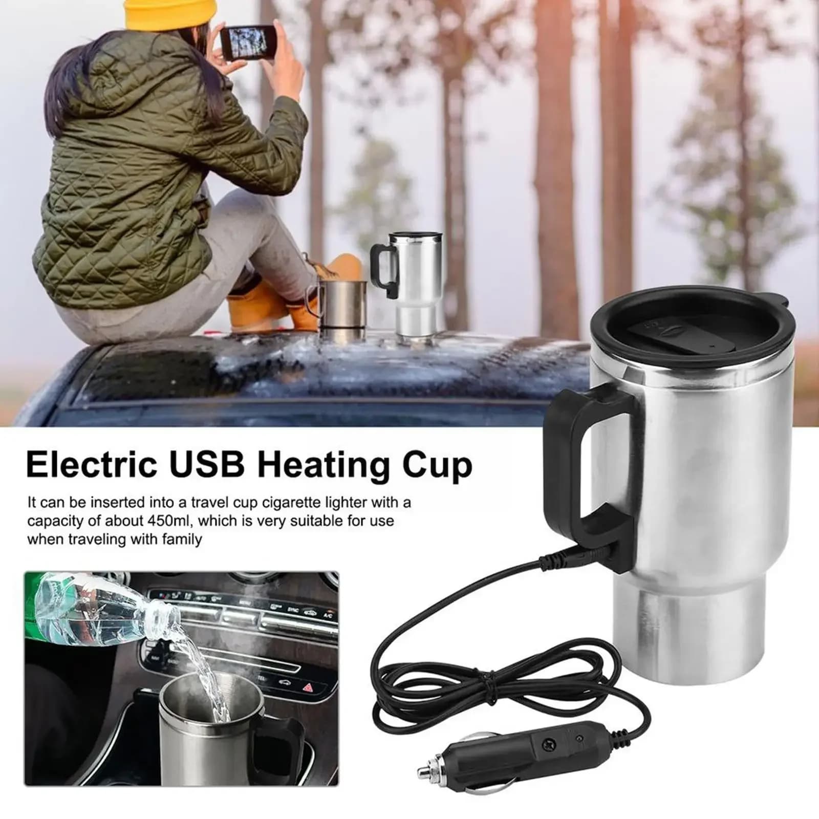 12V USB Auto Bollitore Elettrico Serbatoio Interno In Acciaio Inox Riscaldamento Elettrico Auto Tazza Tazza Calda 450ml Riscaldamento Thermos Tazza di Acqua Amagi