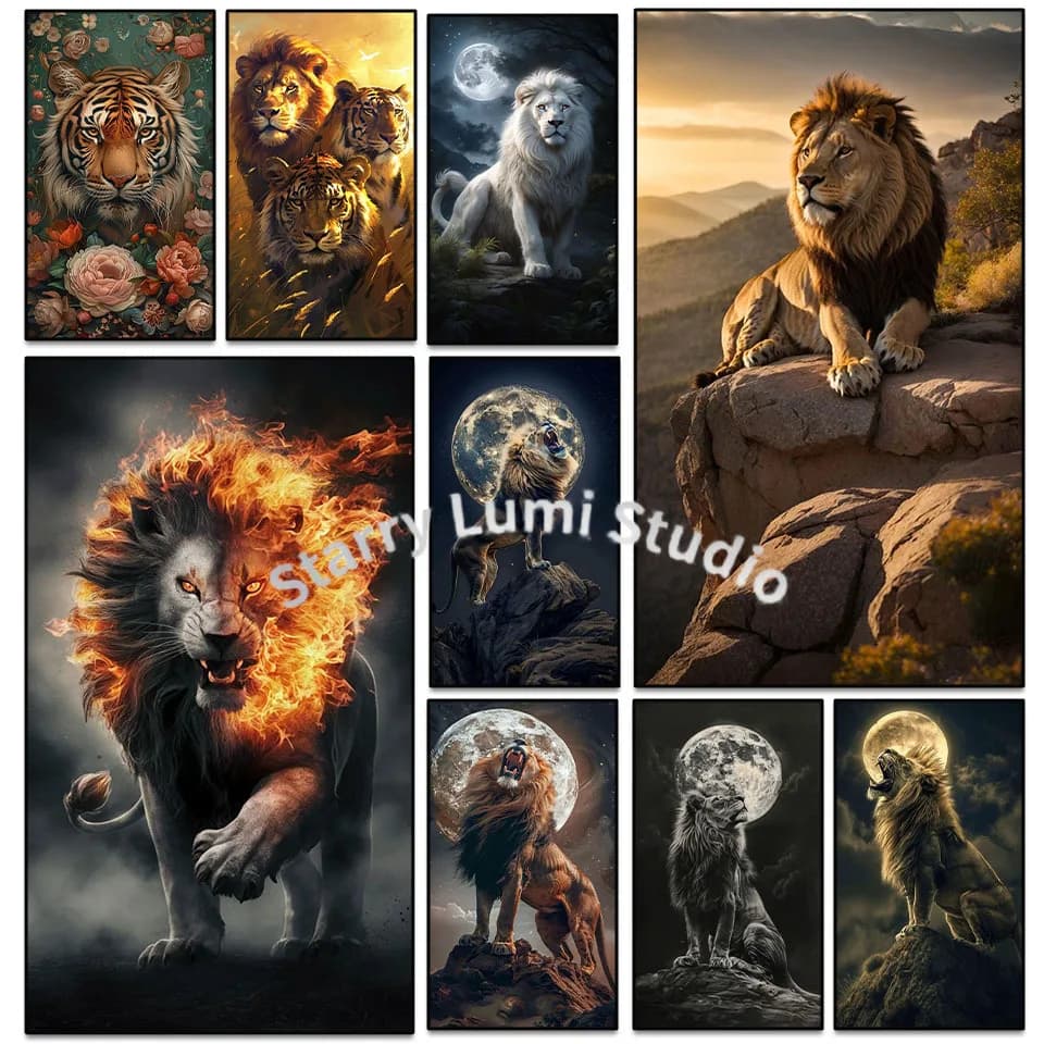 Kit Mosaico Diamond Painting Fai da Te Leone Tigre 100% 5D con Strass Quadrati e Rotondi, Punto Croce, Decorazione Murale per la Casa