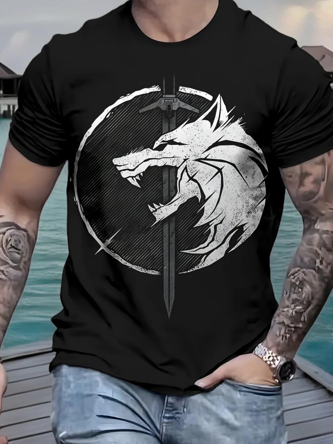 Maglietta grafica da uomo Spade di lupo nero Stampa T-shirt estiva casual Girocollo traspirante Manica corta Lavabile in lavatrice