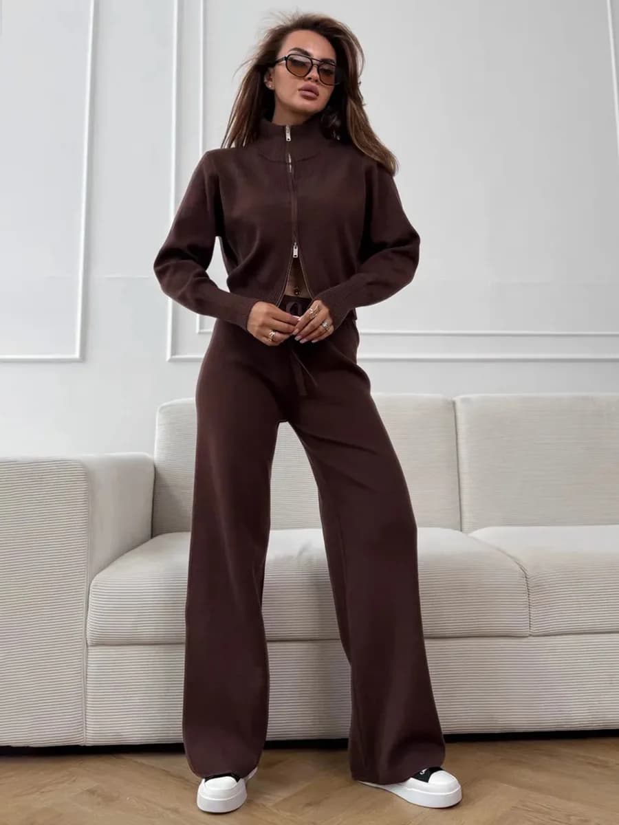 Autunno e inverno donna cardigan con cerniera pantaloni lavorati a maglia abito elegante solido sciolto morbido casa quotidiana ufficio casual set maglione caldo