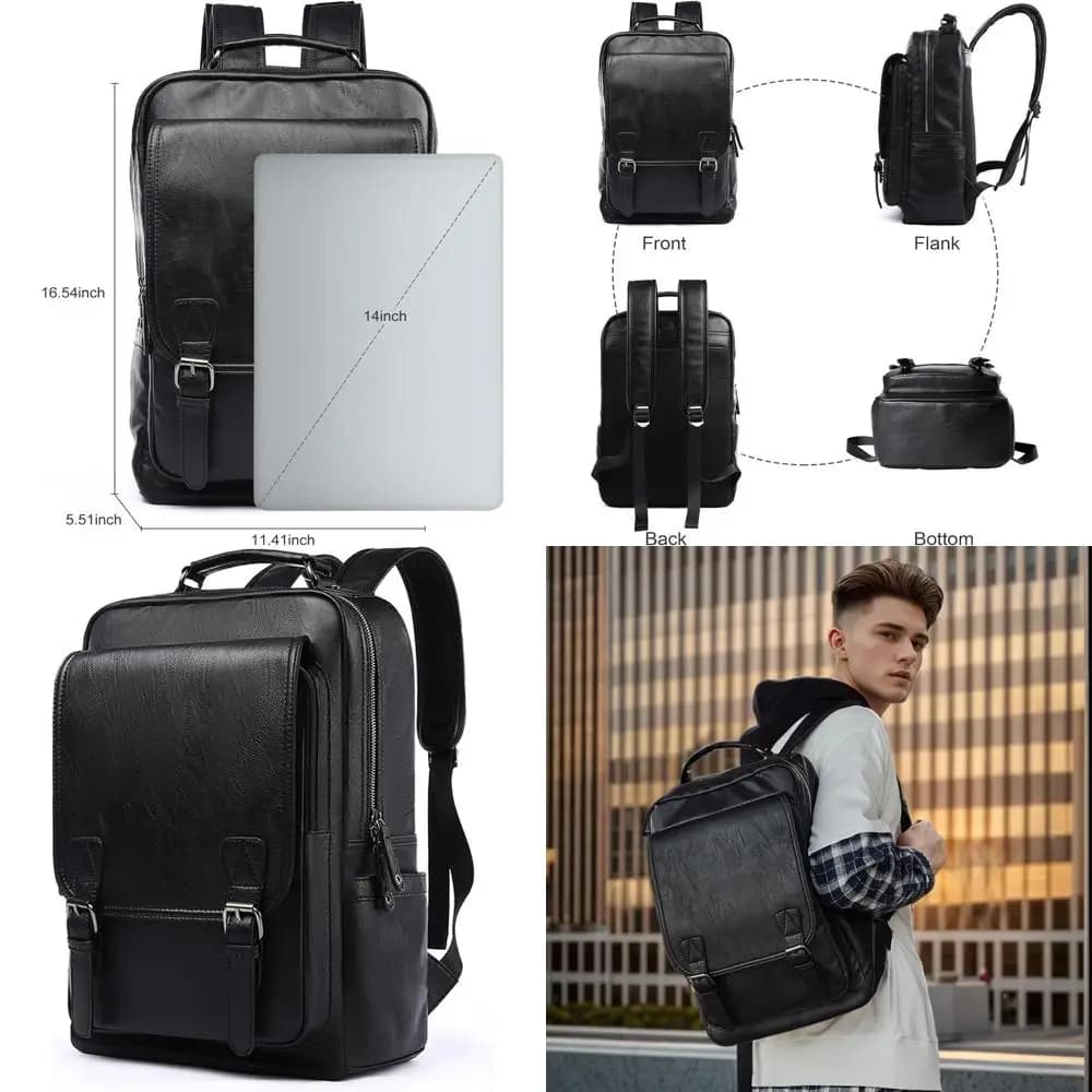 Zaino Vintage in Pelle per Laptop 15.6 - Borsa da Viaggio Impermeabile e Elegante per Uomo in Nero