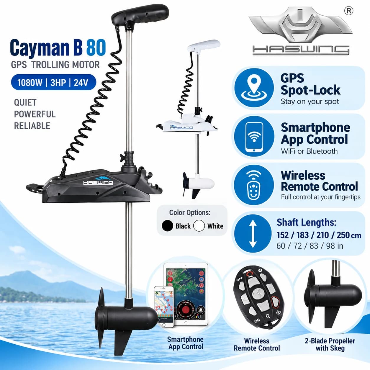HASWING 50739 Electric Trolling Motor 80 Lbs 24V Bow Mount Gen 1.7 GPS Anchor Smartphone App Remote 60" 72" 83" Shaft for Boat