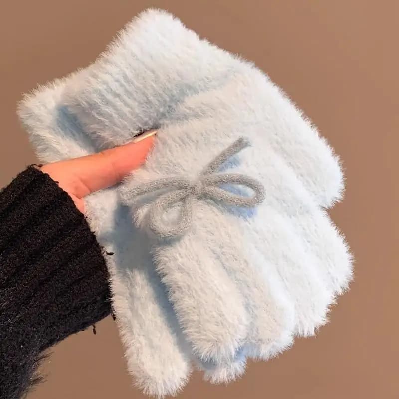 Guanti lavorati a maglia con nodo a farfalla carino in peluche per le donne in inverno, guanti caldi da ciclismo antigelo Guanti a cinque dita
