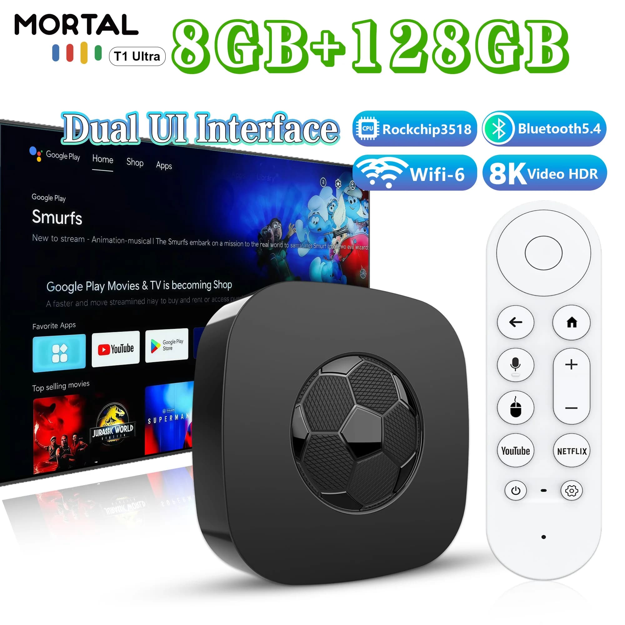 Nuovo Box TV Android 16 Smart con Wifi6, BT5.4, Assistente Vocale, Telecomando, 8GB128GB, Supporto HD Netflix YouTube, Set-Top Box T1 Ultra