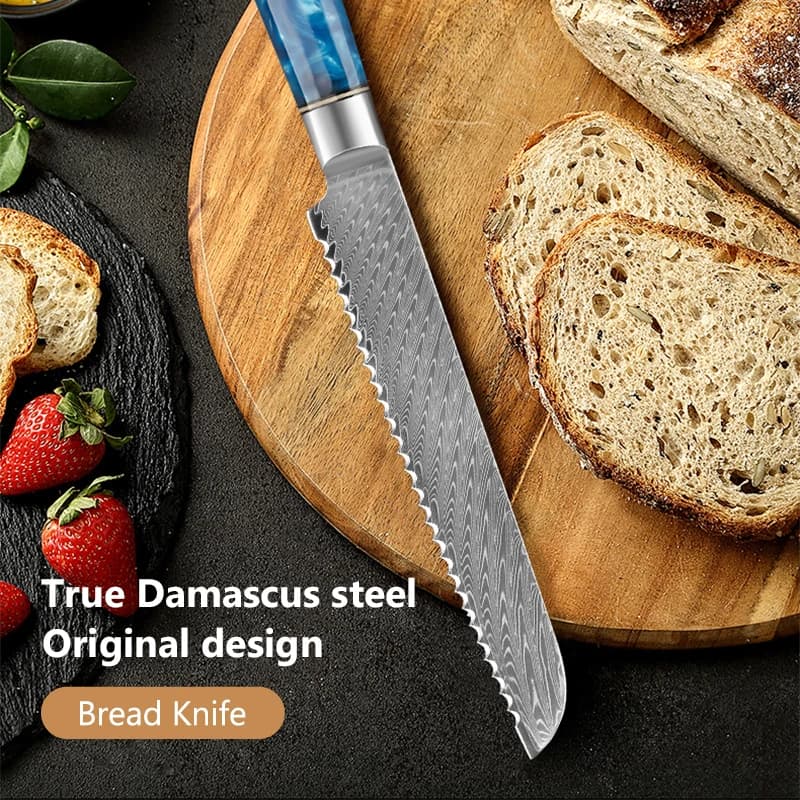 8 inch restaurant bread knife Damask steel chef knife 67 layers Saw tooth knife for frozen meat super sharp with blue resin handle