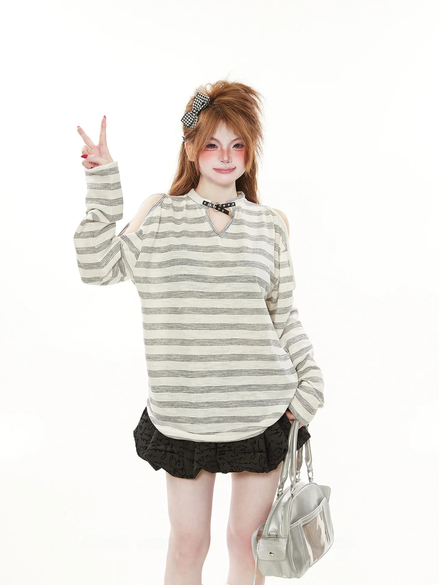 Unique Beautiful Stripe Shoulder Bared T Shirt Women's Spring Autumn Thin Loose Long Sleeve Top Commute Style Korean Version ...