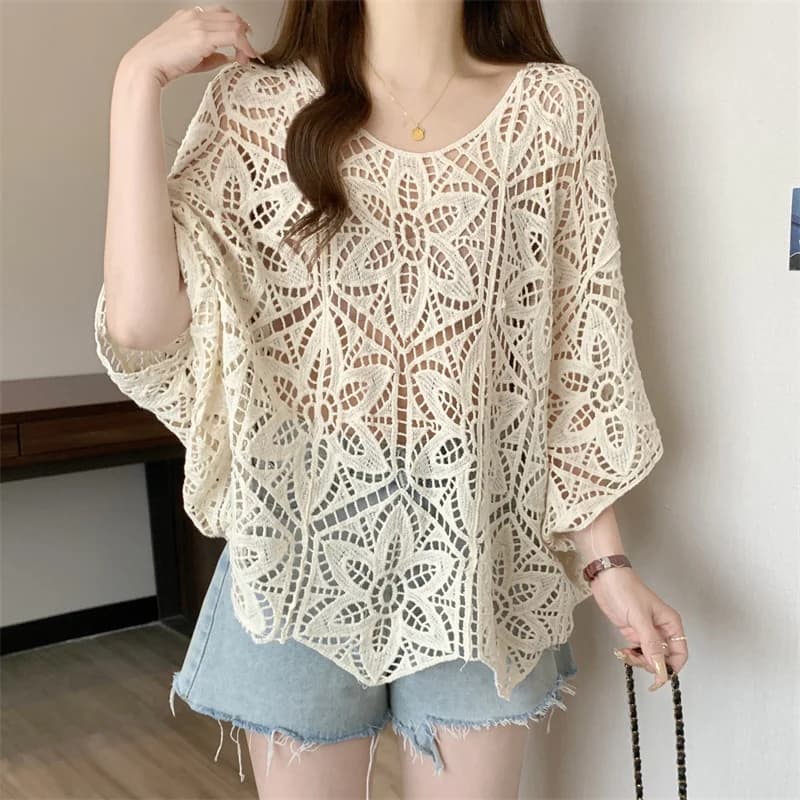 Crochet Lace Top Women Sheer Open-knit Flower Embroidered Hollow-out Mesh Tops Loose Lace Blouse Summer Beach Vacation Boho