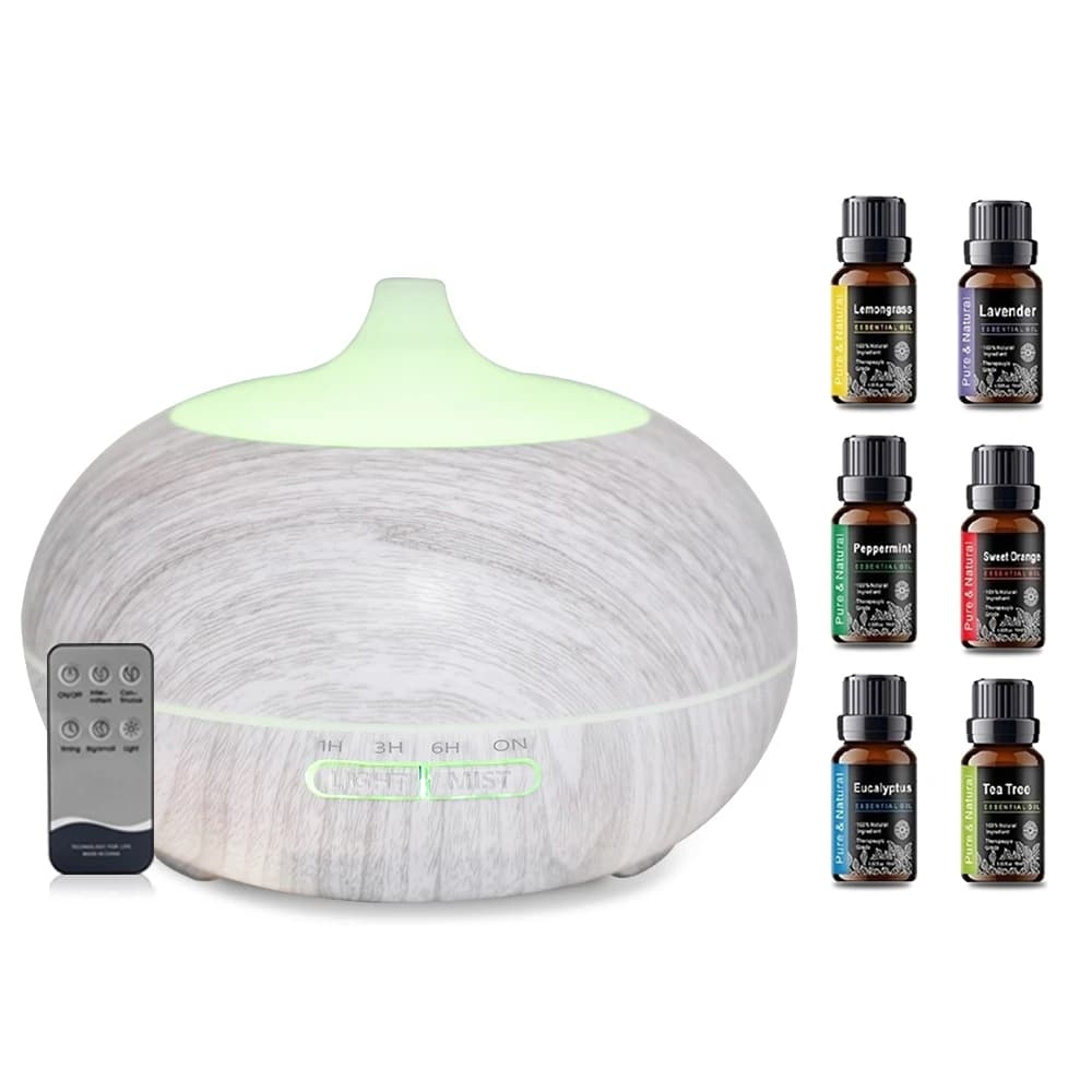 550ml Wood Grain Essential Oil Diffuser with Remote, 6 Oils & 7 Color LED Light for Home/Office