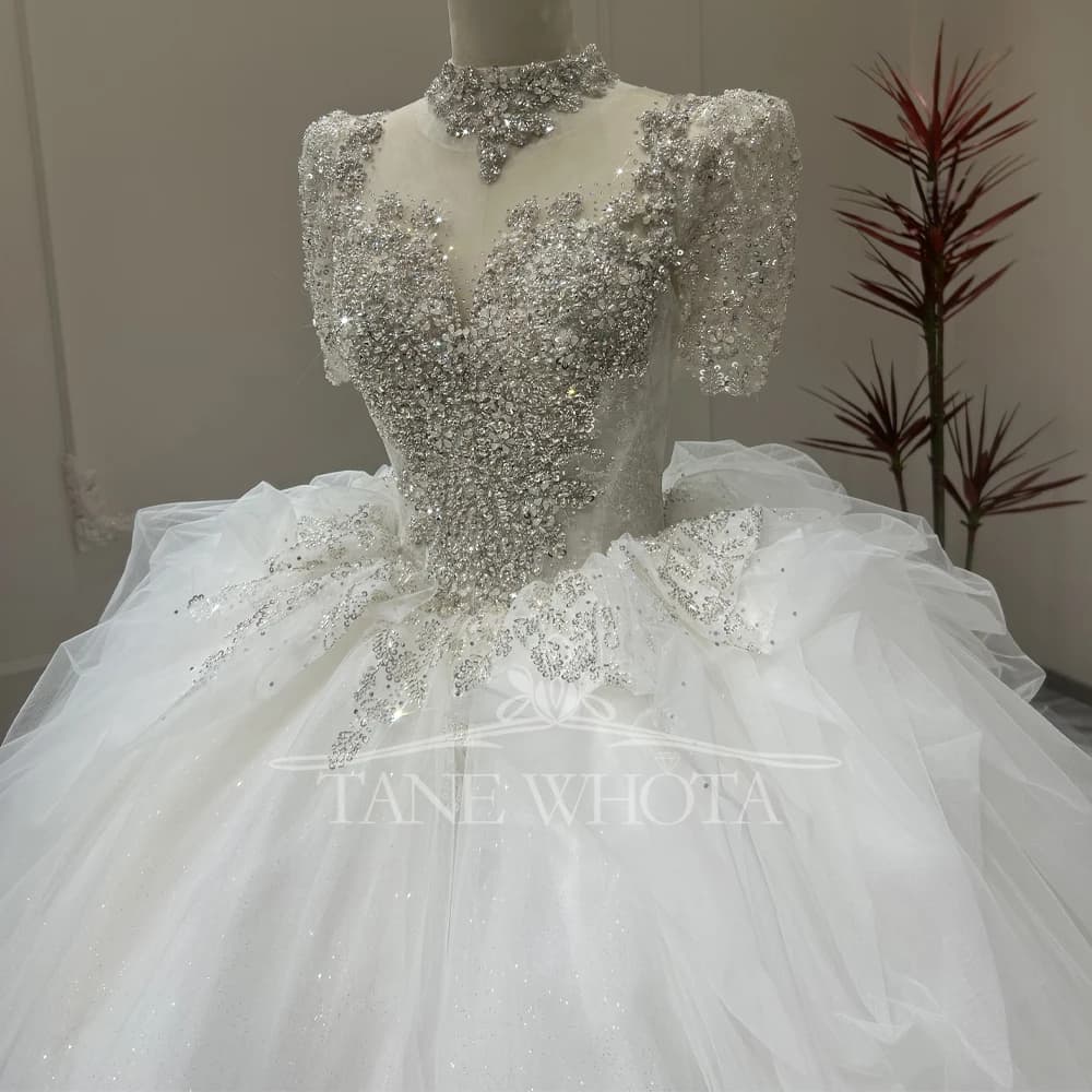 Hochzeitskleid Damen O-Neck Short Sleeve Lace Up Keyhole Back Sequins Beading Embroidery Customized Wedding Dress