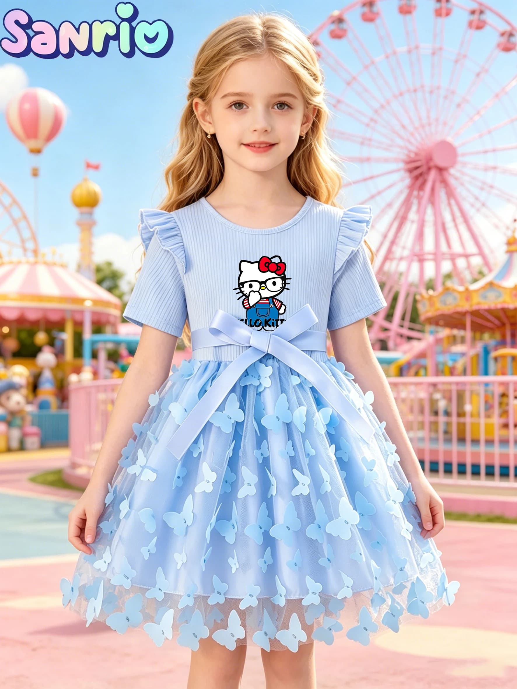 Sanrio Hello Kitty Girls Princess Dress, Summer Blue 3D Butterfly Tulle Tutu Skirt, Sweet Kids Dress