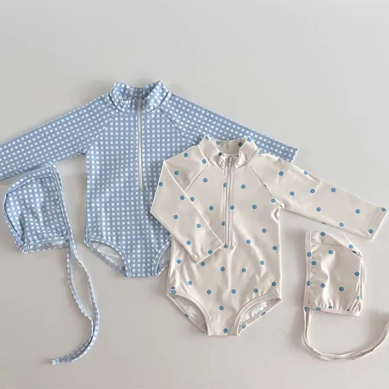 Costume da bagno intero per bambine stile coreano a quadri e pois, a maniche lunghe, con cappuccio da nuoto, per neonati e bambini