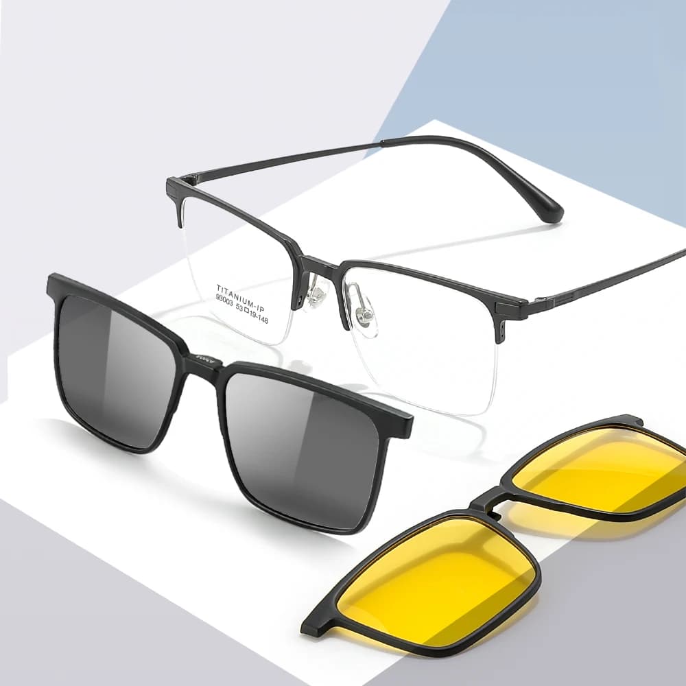 3 In 1 Men Fashion Pure Titanium Glasses Frame With Polarized Clip On Sunglasses And Night Vision Women Eyewear
