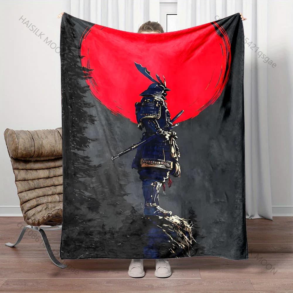 Coperta con stampa di samurai con sfondo di luna rossa, calda, morbida e soffice, per bambini e adulti, per divano letto, per viaggi all'aperto, campeggio, camper