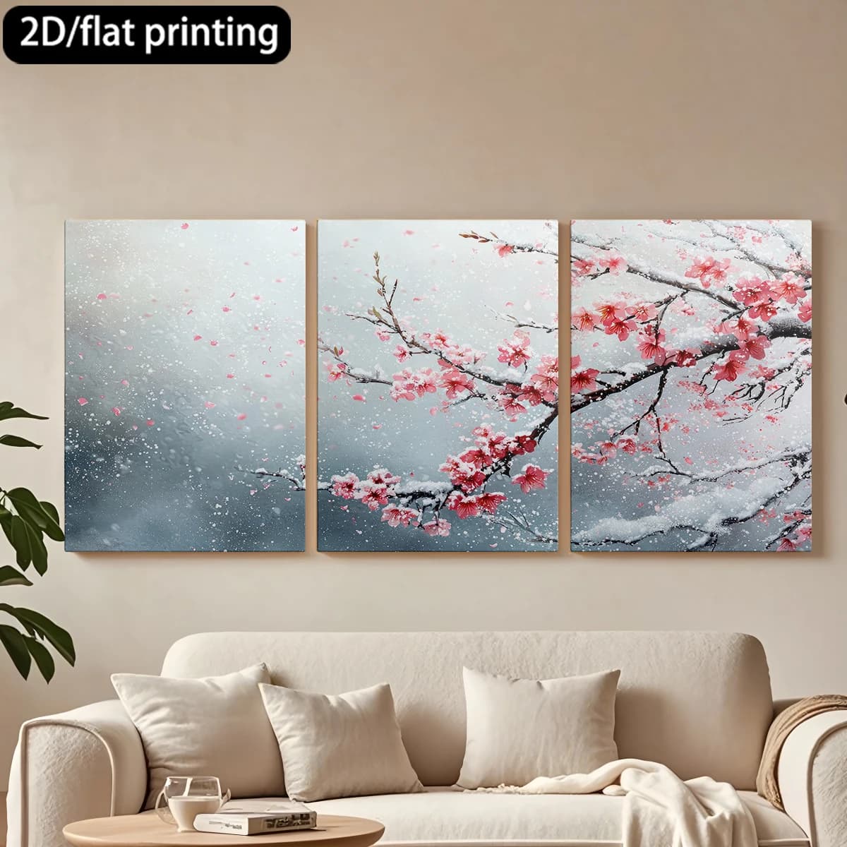 Decorative painting on canvas with wooden frame, 3 pieces. Cherry blossoms, snowflakes, dream elegance. Tende per camera da letto ikea.
