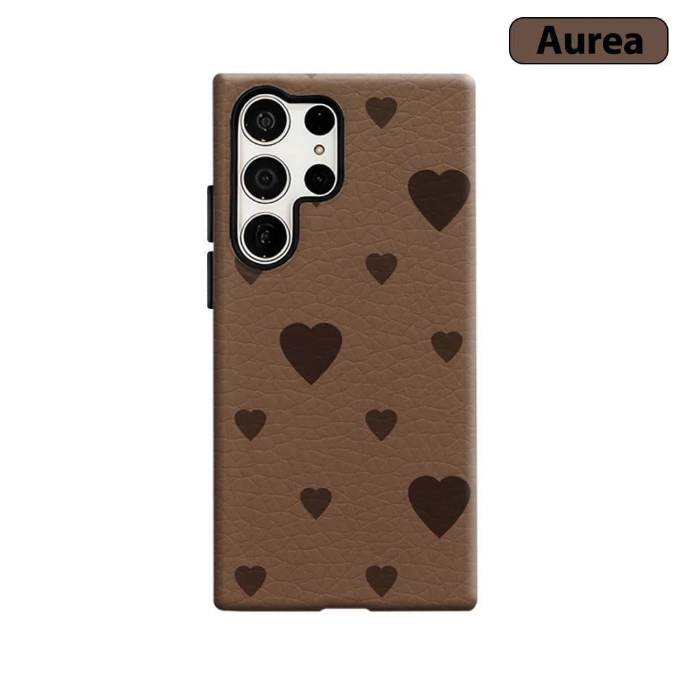 Custodia per telefono in pelle marrone con texture a cuore per Samsung Galaxy S25 Ultra S24 S23 Ultra Plus, antiurto, a doppio strato, cover posteriore resistente
