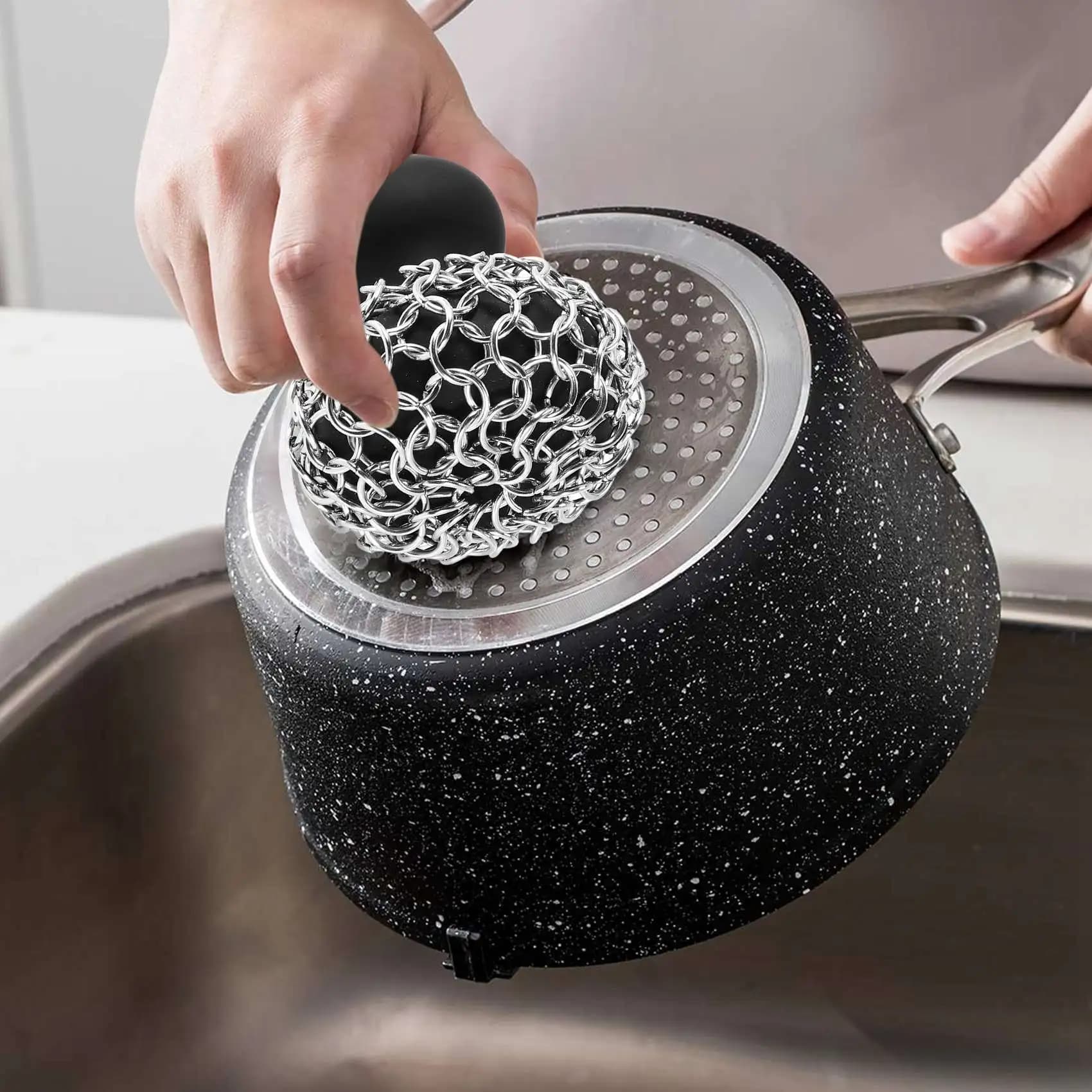 Scrubber per cotta di maglia in ferro fuso ABUP, detergente per padelle in ghisa per pulitore per padelle Catena per pulire padelle in ghisa
