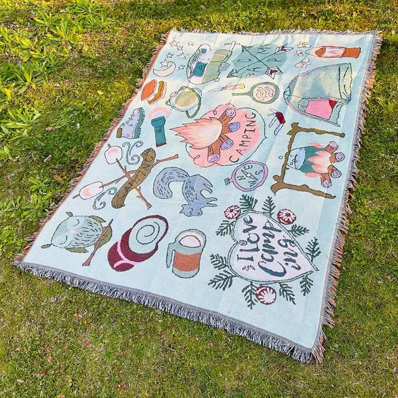 Coperta in Tessuto con Frange a Tema Campeggio, Coperta Decorativa per Picnic all'Aperto, Camper, Campeggio, Copridivano, Arredamento Casa