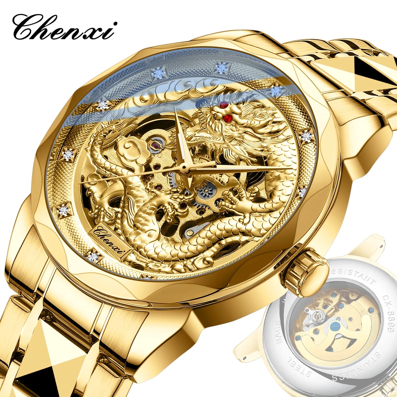 CHENXI 8899 Orologi Meccanici Automatici in Acciaio Inossidabile con Motivo Drago 3D in Rilievo, Cultura e Arte Cinese, per Uomo