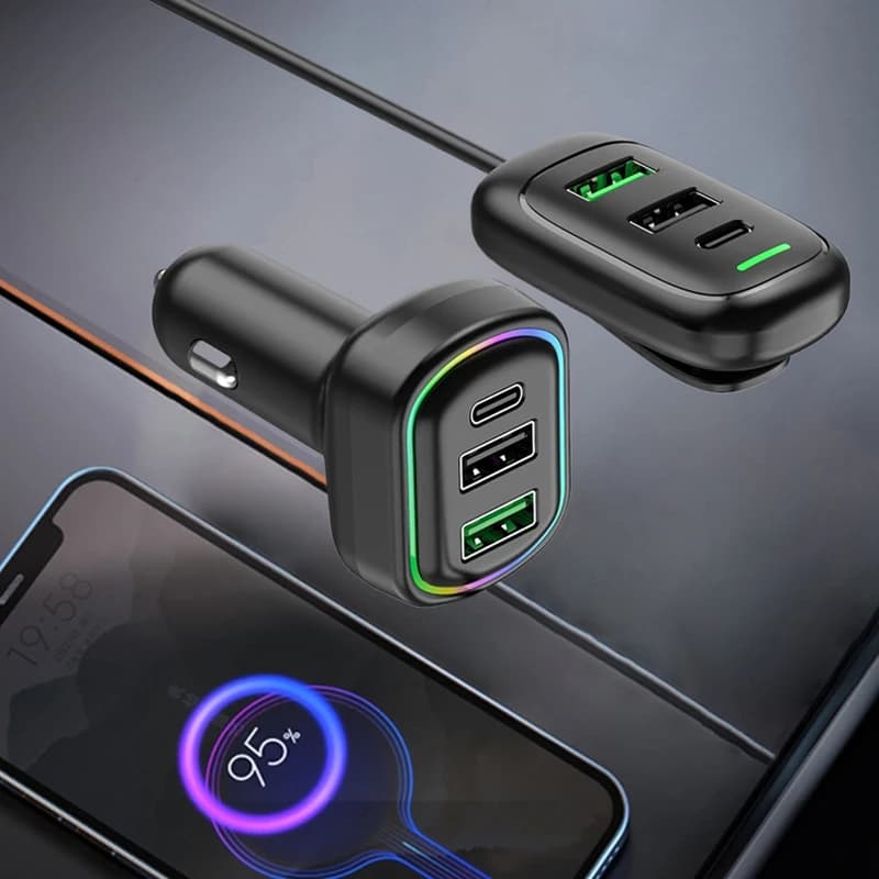 Caricabatteria da auto con estensione anteriore e posteriore USB tipo C a 6 porte con adattatore di alimentazione a ricarica rapida PD con luce RGB per laptop tablet Iphone